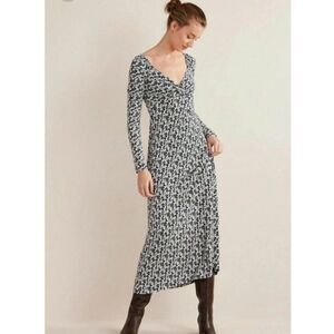 Boden Women Dress UK 12 US 8 Navy Blue Floral Midi Vneck Twisted Knot D0453 NWT